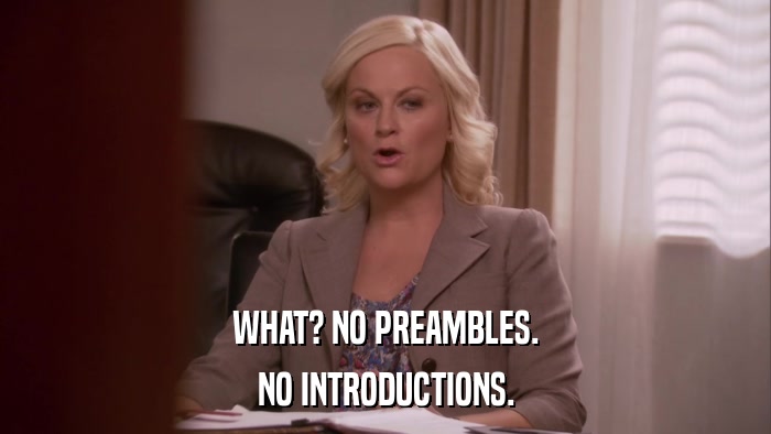 WHAT? NO PREAMBLES. NO INTRODUCTIONS. 