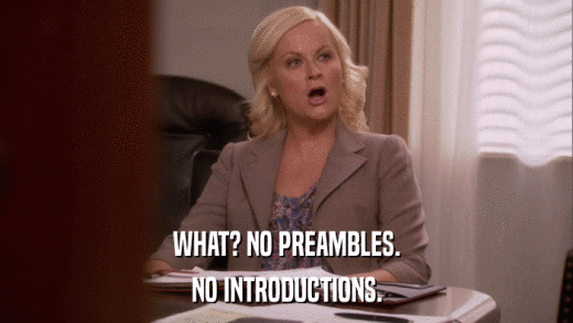 WHAT? NO PREAMBLES. NO INTRODUCTIONS. 
