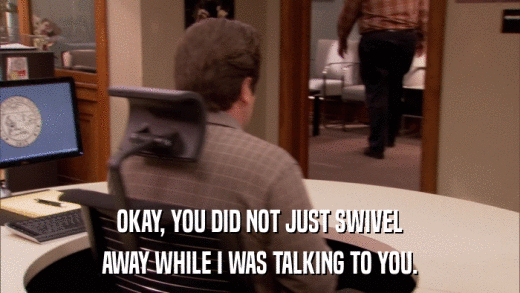 OKAY, YOU DID NOT JUST SWIVEL AWAY WHILE I WAS TALKING TO YOU. 