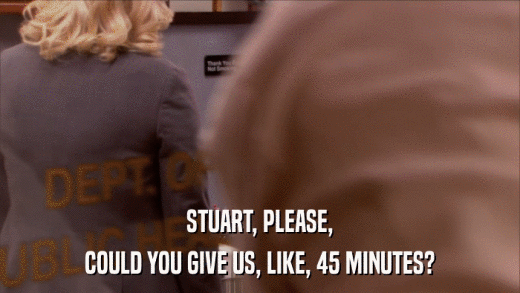 STUART, PLEASE, COULD YOU GIVE US, LIKE, 45 MINUTES? 