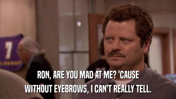 RON, ARE YOU MAD AT ME? 'CAUSE WITHOUT EYEBROWS, I CAN'T REALLY TELL. 