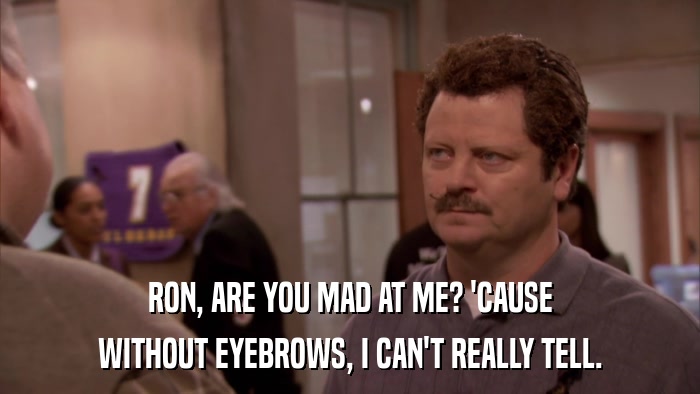 RON, ARE YOU MAD AT ME? 'CAUSE WITHOUT EYEBROWS, I CAN'T REALLY TELL. 