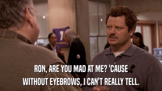 RON, ARE YOU MAD AT ME? 'CAUSE WITHOUT EYEBROWS, I CAN'T REALLY TELL. 