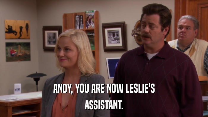 ANDY, YOU ARE NOW LESLIE'S ASSISTANT. 