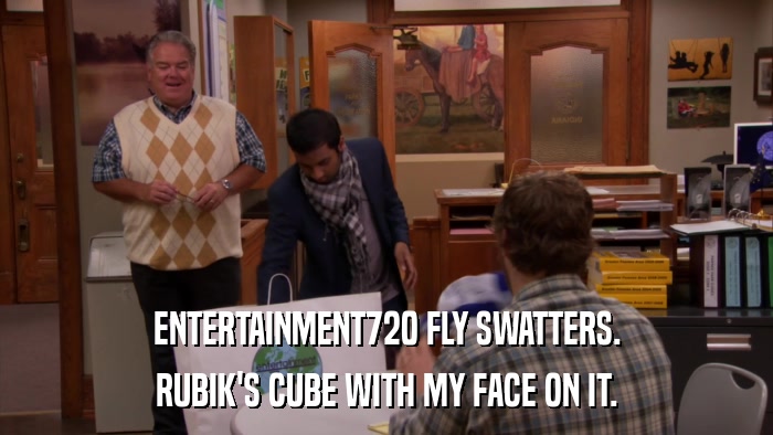 ENTERTAINMENT720 FLY SWATTERS. RUBIK'S CUBE WITH MY FACE ON IT. 