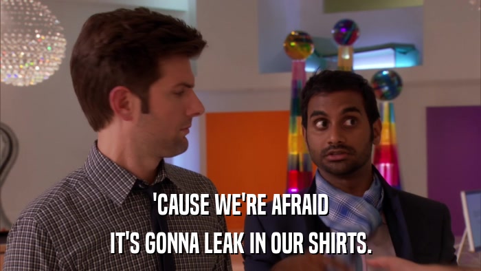 'CAUSE WE'RE AFRAID IT'S GONNA LEAK IN OUR SHIRTS. 