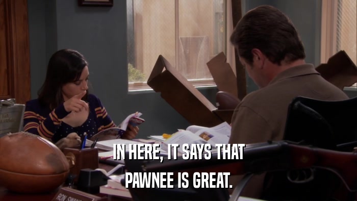 IN HERE, IT SAYS THAT PAWNEE IS GREAT. 