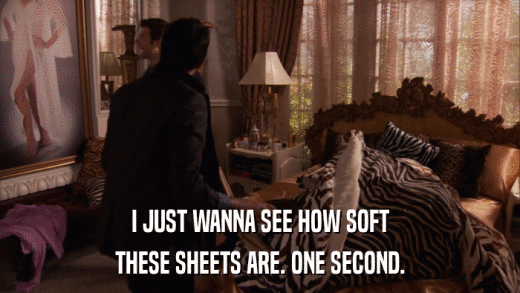 I JUST WANNA SEE HOW SOFT THESE SHEETS ARE. ONE SECOND. 