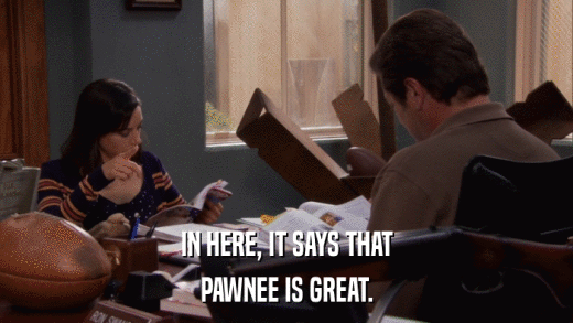 IN HERE, IT SAYS THAT PAWNEE IS GREAT. 