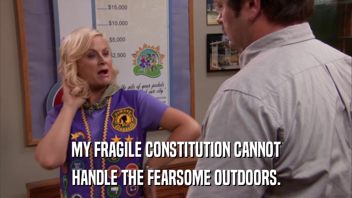 MY FRAGILE CONSTITUTION CANNOT HANDLE THE FEARSOME OUTDOORS. 