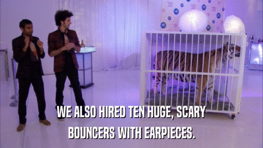 WE ALSO HIRED TEN HUGE, SCARY BOUNCERS WITH EARPIECES. 