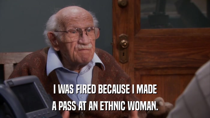 I WAS FIRED BECAUSE I MADE A PASS AT AN ETHNIC WOMAN. 
