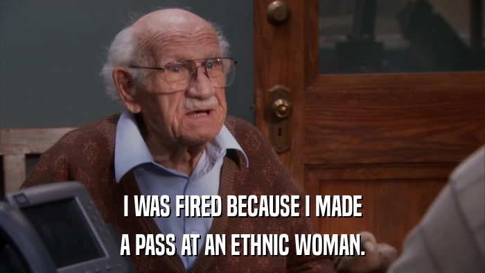 I WAS FIRED BECAUSE I MADE A PASS AT AN ETHNIC WOMAN. 