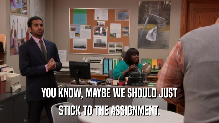 YOU KNOW, MAYBE WE SHOULD JUST STICK TO THE ASSIGNMENT. 