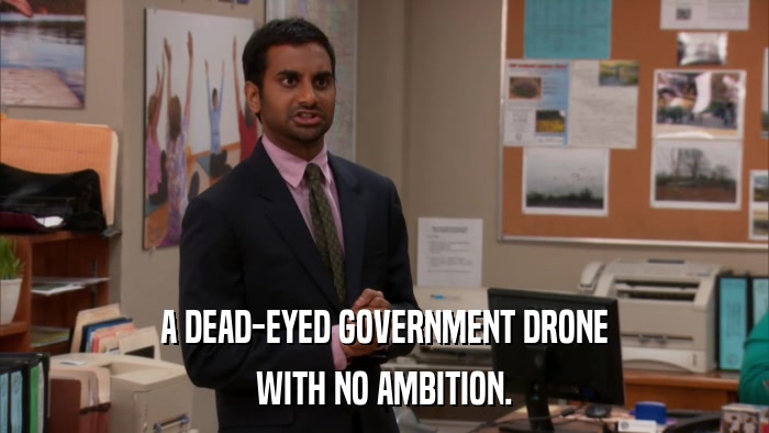 A DEAD-EYED GOVERNMENT DRONE WITH NO AMBITION. 