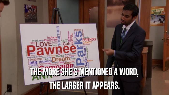 THE MORE SHE'S MENTIONED A WORD, THE LARGER IT APPEARS. 