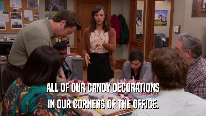 ALL OF OUR CANDY DECORATIONS IN OUR CORNERS OF THE OFFICE. 