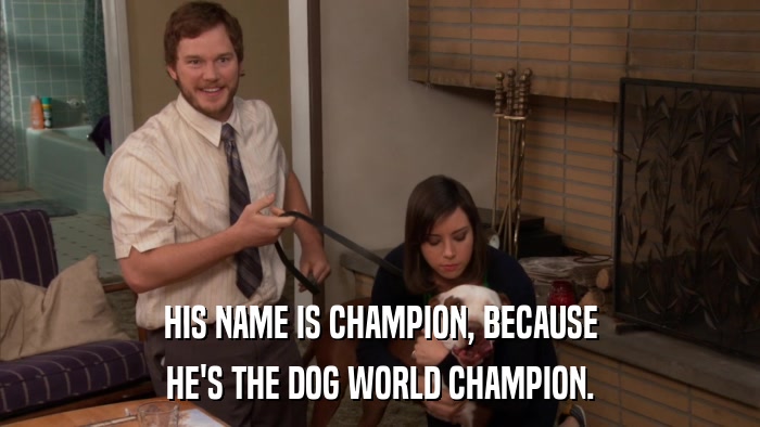 HIS NAME IS CHAMPION, BECAUSE HE'S THE DOG WORLD CHAMPION. 