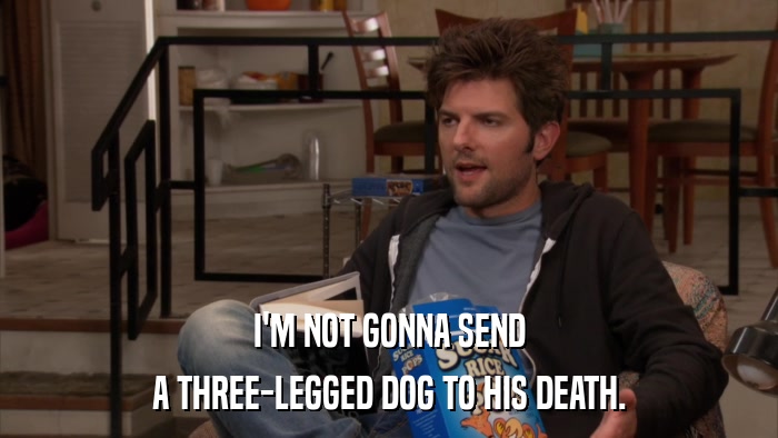 I'M NOT GONNA SEND A THREE-LEGGED DOG TO HIS DEATH. 