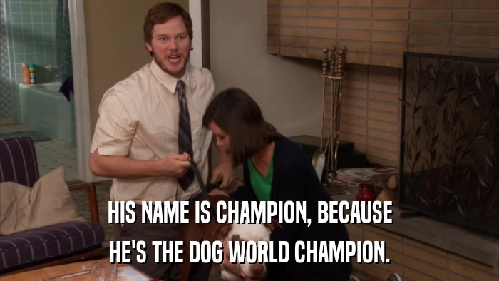 HIS NAME IS CHAMPION, BECAUSE HE'S THE DOG WORLD CHAMPION. 