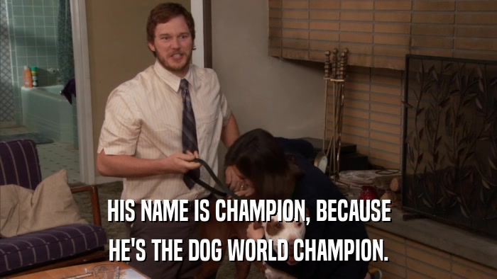 HIS NAME IS CHAMPION, BECAUSE HE'S THE DOG WORLD CHAMPION. 