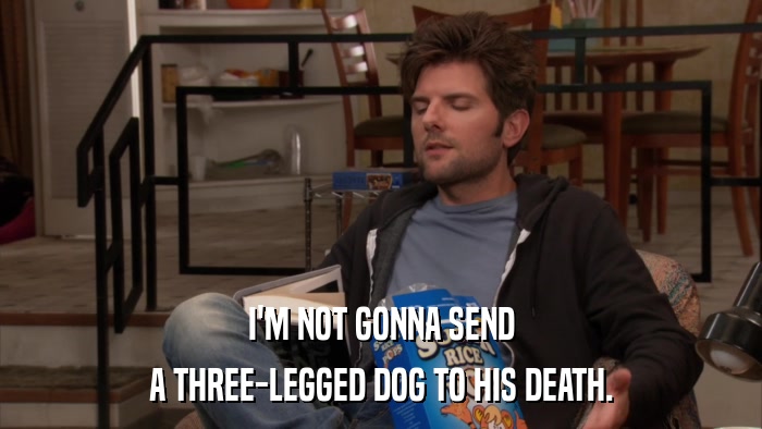 I'M NOT GONNA SEND A THREE-LEGGED DOG TO HIS DEATH. 