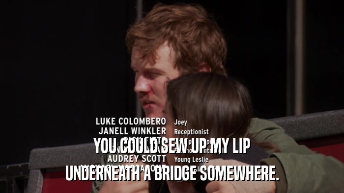 YOU COULD SEW UP MY LIP UNDERNEATH A BRIDGE SOMEWHERE. 