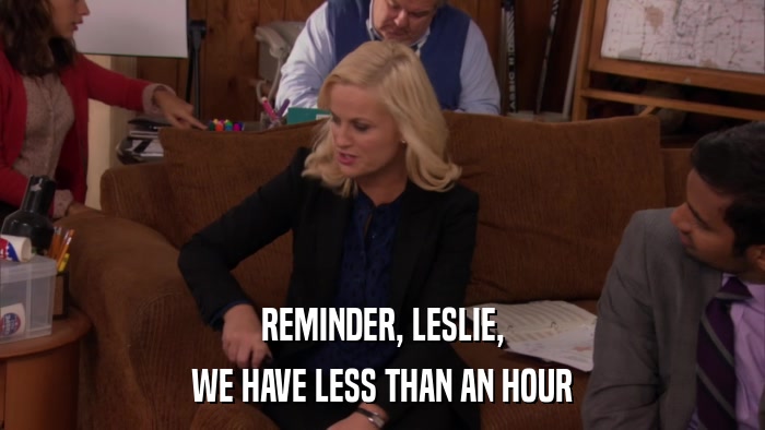 REMINDER, LESLIE, WE HAVE LESS THAN AN HOUR 