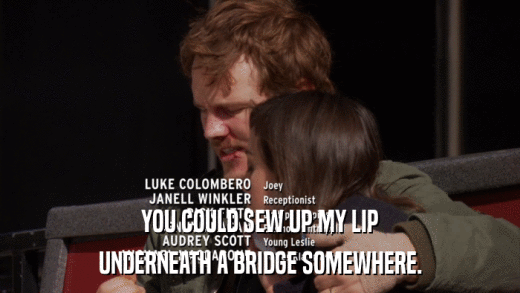 YOU COULD SEW UP MY LIP UNDERNEATH A BRIDGE SOMEWHERE. 