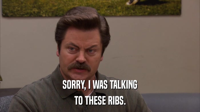 SORRY, I WAS TALKING TO THESE RIBS. 