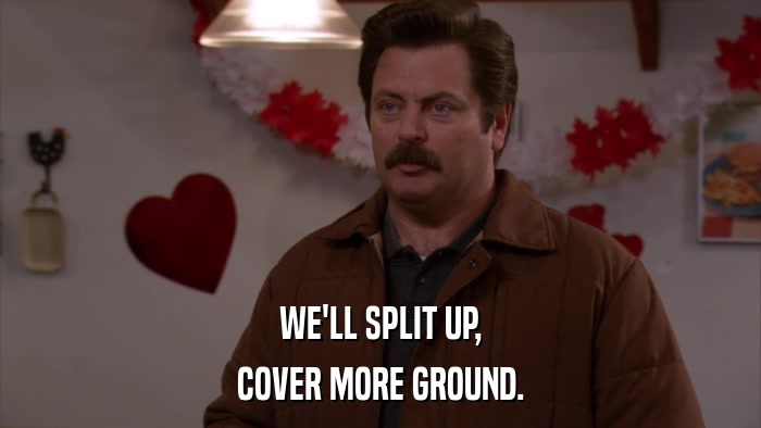 WE'LL SPLIT UP, COVER MORE GROUND. 