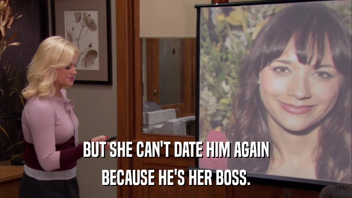 BUT SHE CAN'T DATE HIM AGAIN BECAUSE HE'S HER BOSS. 
