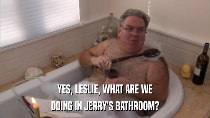 YES, LESLIE, WHAT ARE WE DOING IN JERRY'S BATHROOM? 