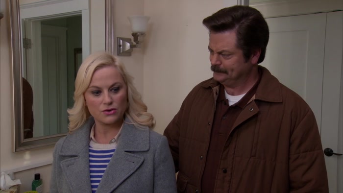 YES, LESLIE, WHAT ARE WE DOING IN JERRY'S BATHROOM? 