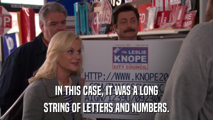 IN THIS CASE, IT WAS A LONG STRING OF LETTERS AND NUMBERS. 