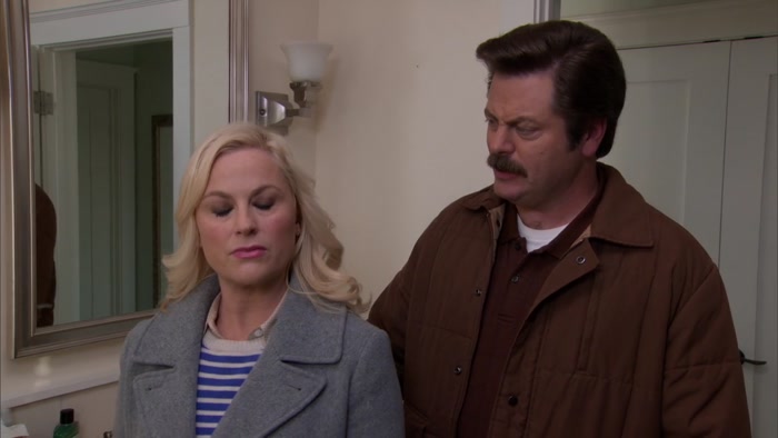 YES, LESLIE, WHAT ARE WE DOING IN JERRY'S BATHROOM? 