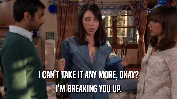 I CAN'T TAKE IT ANY MORE, OKAY? I'M BREAKING YOU UP. 