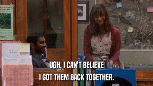UGH, I CAN'T BELIEVE I GOT THEM BACK TOGETHER. 