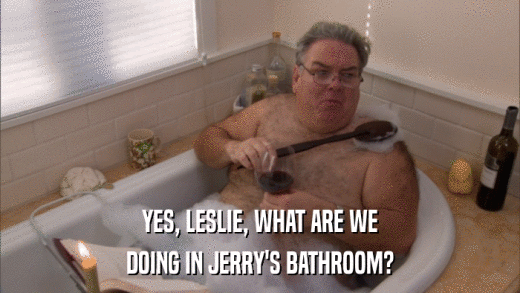 YES, LESLIE, WHAT ARE WE DOING IN JERRY'S BATHROOM? 