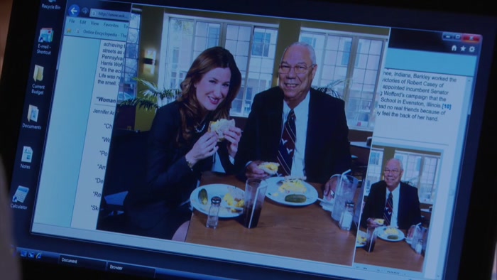 SHE'S EATING EGG SALAD WITH COLIN POWELL. 