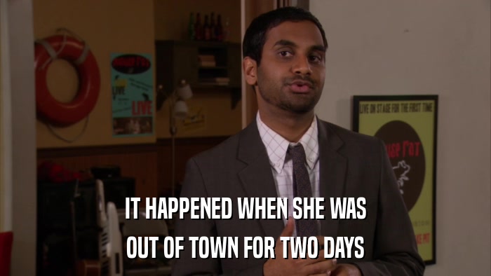 IT HAPPENED WHEN SHE WAS OUT OF TOWN FOR TWO DAYS 
