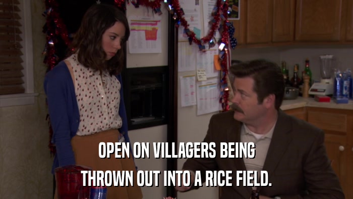 OPEN ON VILLAGERS BEING THROWN OUT INTO A RICE FIELD. 