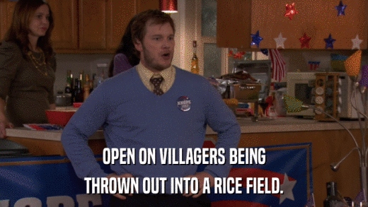 OPEN ON VILLAGERS BEING THROWN OUT INTO A RICE FIELD. 