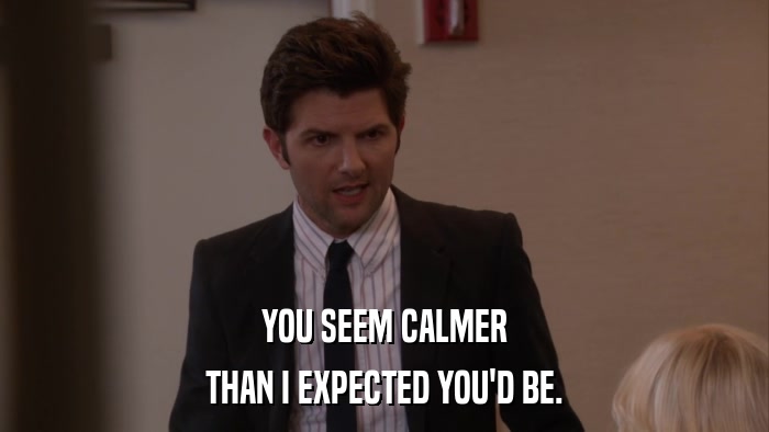 YOU SEEM CALMER THAN I EXPECTED YOU'D BE. 