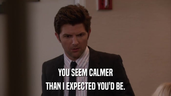 YOU SEEM CALMER THAN I EXPECTED YOU'D BE. 
