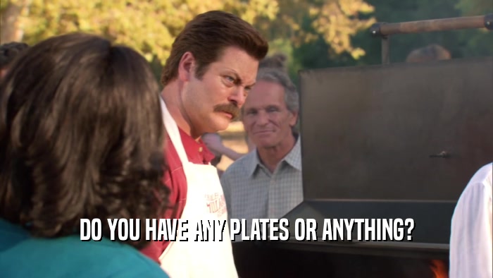 DO YOU HAVE ANY PLATES OR ANYTHING?
  