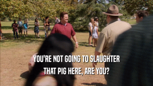 YOU'RE NOT GOING TO SLAUGHTER THAT PIG HERE, ARE YOU? 