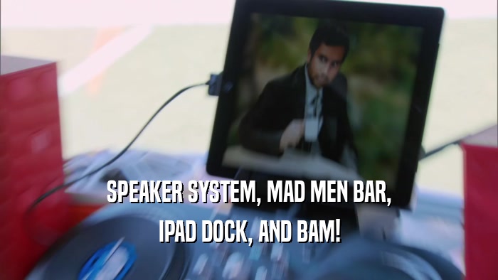 SPEAKER SYSTEM, MAD MEN BAR, IPAD DOCK, AND BAM! 