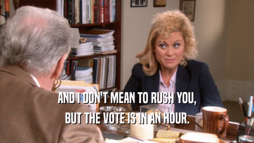 AND I DON'T MEAN TO RUSH YOU,
 BUT THE VOTE IS IN AN HOUR.
 