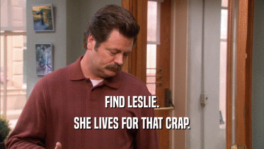 FIND LESLIE. SHE LIVES FOR THAT CRAP. 